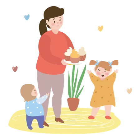 Madre dando pastelitos a niño  Ilustración