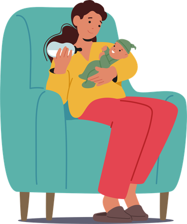 Madre sentada en un sillón alimentando a su bebé recién nacido con biberón  Illustration