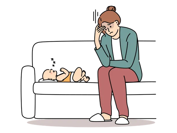 Madre se siente estresada debido al bebé  Ilustración