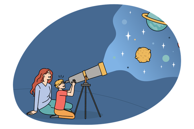 Madre sonriente sentada y mostrando a su hijo cosas interesantes en el espacio exterior mirando las estrellas con un telescopio.  Ilustración
