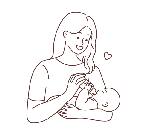 Madre sosteniendo al bebé nacido y alimentándolo  Ilustración