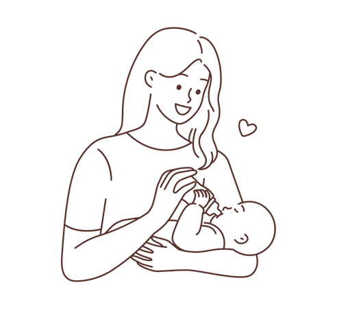 Madre sosteniendo al bebé nacido y alimentándolo  Ilustración
