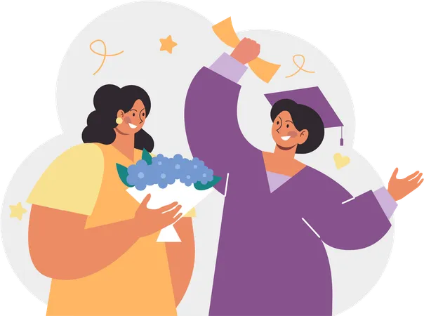 Madre sosteniendo un ramo de flores para su graduada  Ilustración