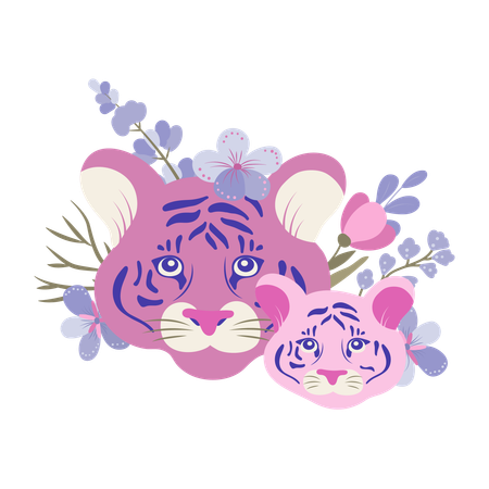 Madre tigre y bebé tigre con flores  Ilustración