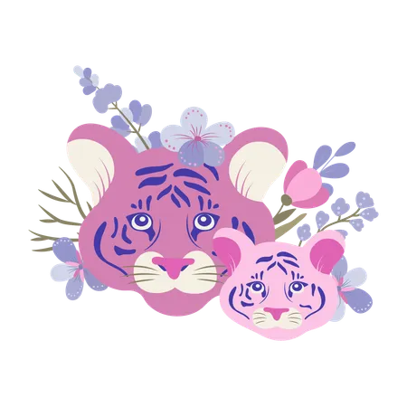 Madre tigre y bebé tigre con flores  Ilustración