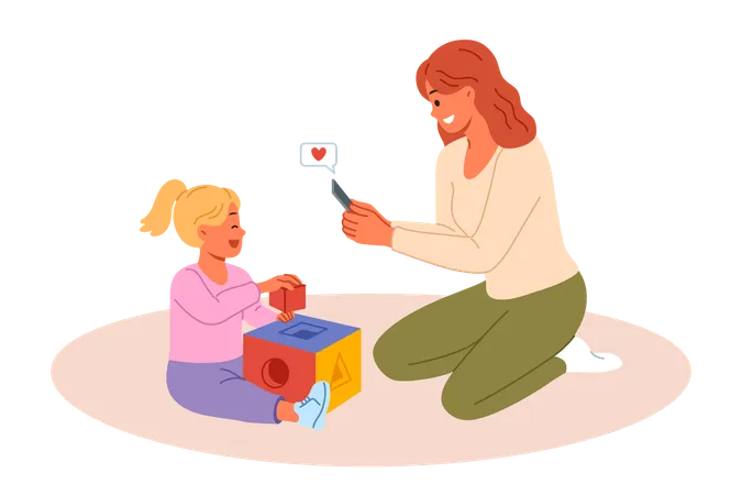 Madre tomando foto de su pequeña hija jugando  Ilustración