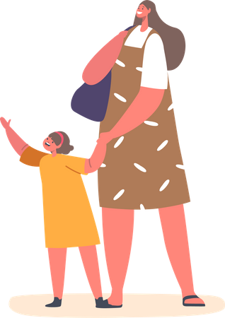 Madre sosteniendo la mano de su pequeña hija  Ilustración