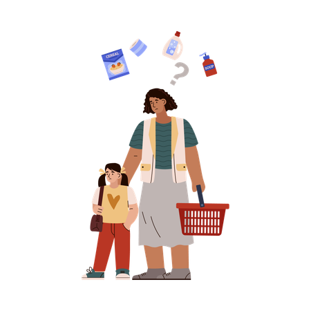 Triste madre con hija sosteniendo una cesta de compras vacía  Illustration