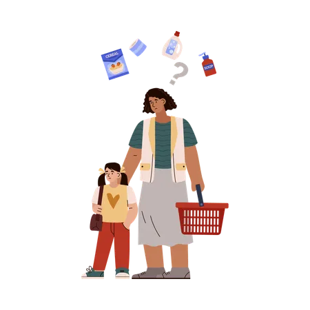 Triste madre con hija sosteniendo una cesta de compras vacía  Illustration