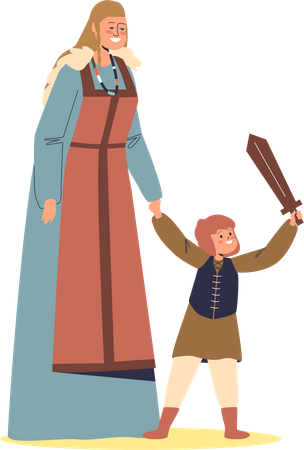 Madre vikinga con hijo  Ilustración