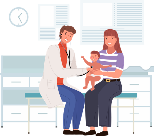 Madre y bebé visitando al médico  Ilustración