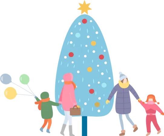 Madre e hijo caminando junto al árbol de Navidad  Ilustración