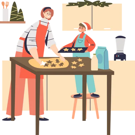 Madre e hijo cocinando galletas de jengibre preparándose para Navidad  Ilustración
