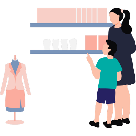 Madre y niño están comprando en una tienda de ropa.  Ilustración
