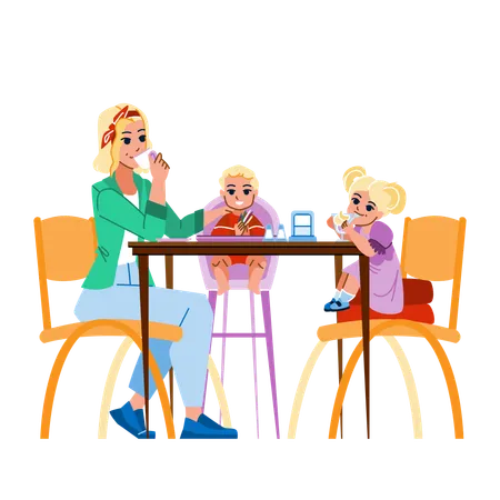 Madre e hijos salieron al café  Ilustración
