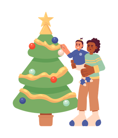 Madre y niña decorando el árbol de Navidad  Ilustración