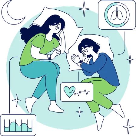 Madre y niña durmiendo en la noche  Ilustración