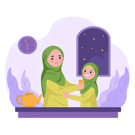 Madre y niña tomando iftar en ramadán  Ilustración