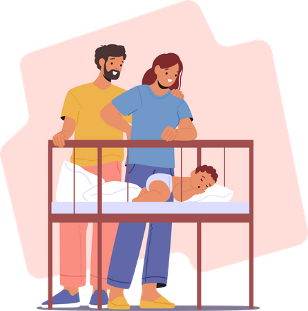 Madre y padre observando a su bebé durmiendo tranquilamente  Ilustración