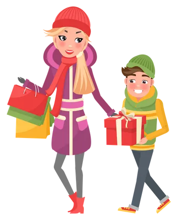 Madre y su hijo haciendo compras navideñas  Ilustración