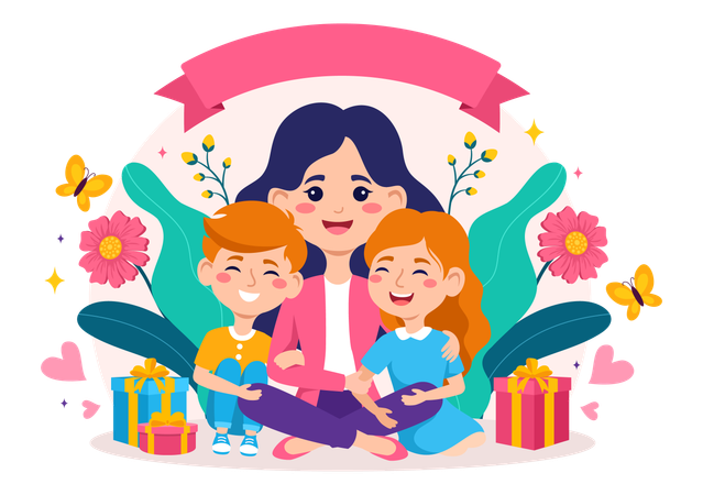 Madre y sus hijos con flores y regalos.  Ilustración