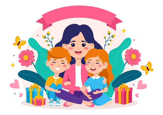 Madre y sus hijos con flores y regalos.  Ilustración