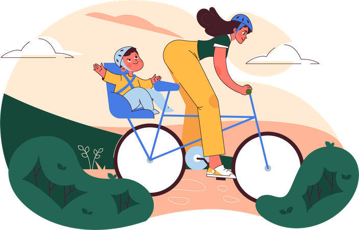 Madre va con el bebé en bicicleta  Ilustración