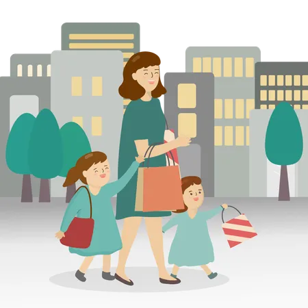 Madre yendo de compras con dos niñas  Ilustración