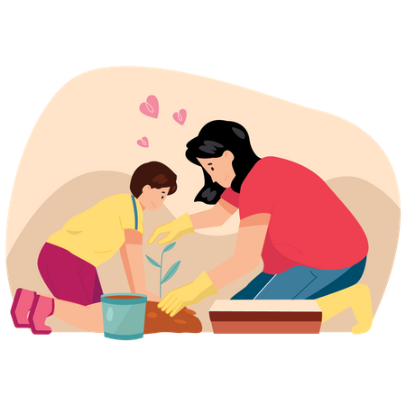 Madres con su hijo haciendo jardinería juntos  Ilustración