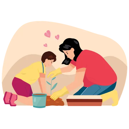 Madres con su hijo haciendo jardinería juntos  Ilustración