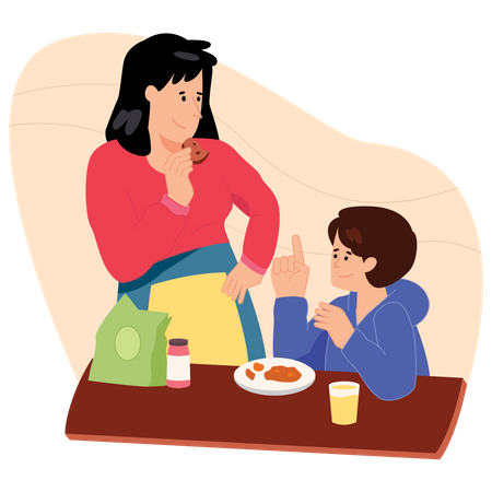 Madres desayunando con su hijo  Ilustración