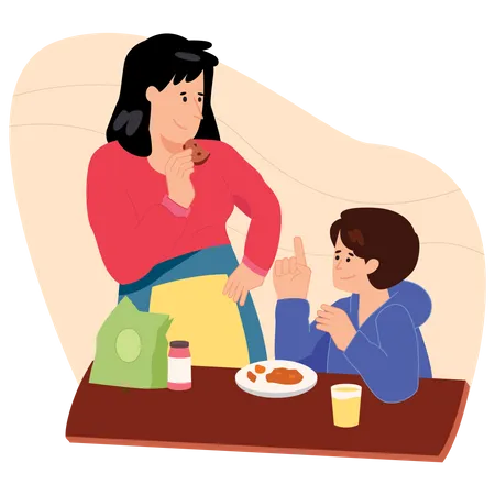 Madres desayunando con su hijo  Ilustración