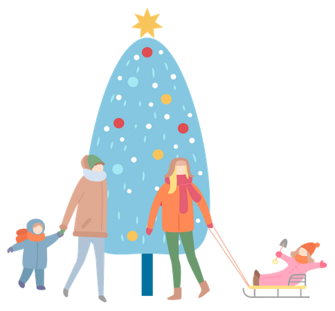 Mamás y niños de pie cerca del árbol de Navidad  Ilustración