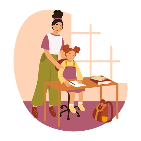 Mãe ajudando filha com lição de casa  Ilustração