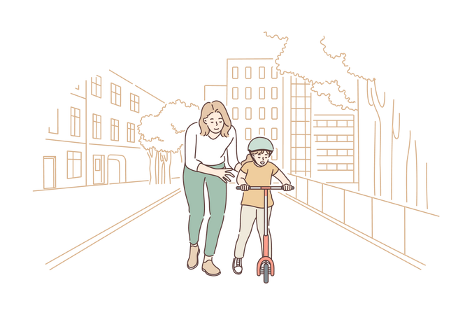 Mãe ajudando filho a andar de scooter  Ilustração