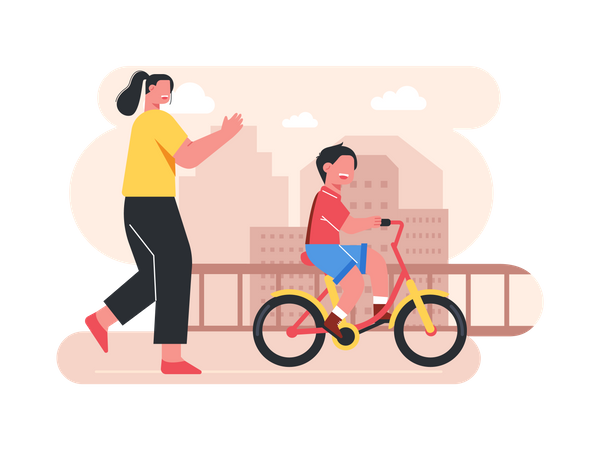 Mãe ajudando filho a andar de bicicleta  Ilustração