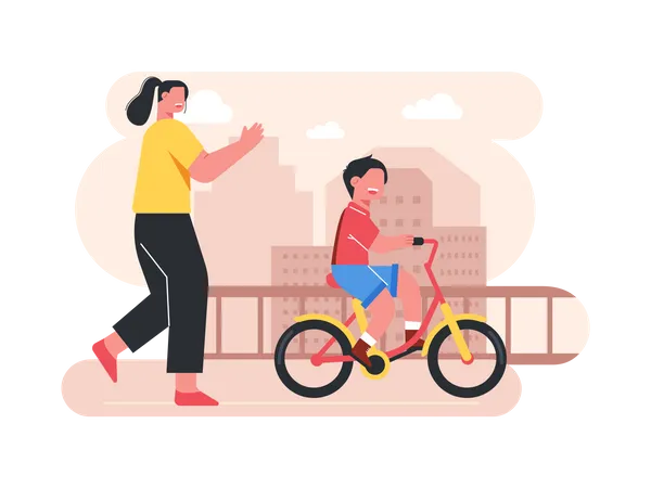 Mãe ajudando filho a andar de bicicleta  Ilustração