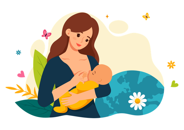 Mãe alimenta bebê recém-nascido  Ilustração
