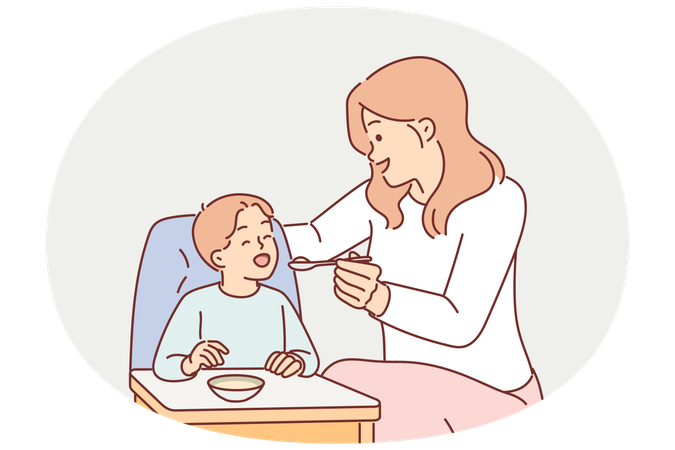 Mãe alimenta menino sentado na cadeira infantil com colher  Ilustração