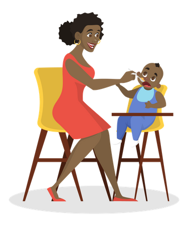 Mãe alimentando seu bebê sentado na cadeira alta  Ilustração