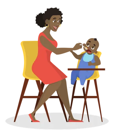 Mãe alimentando seu bebê sentado na cadeira alta  Ilustração