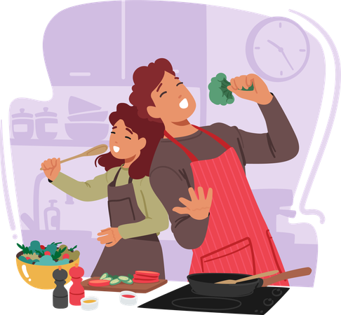 Mãe amorosa e sua filha animada, personagem de família feliz, cozinham alegremente lado a lado  Ilustração