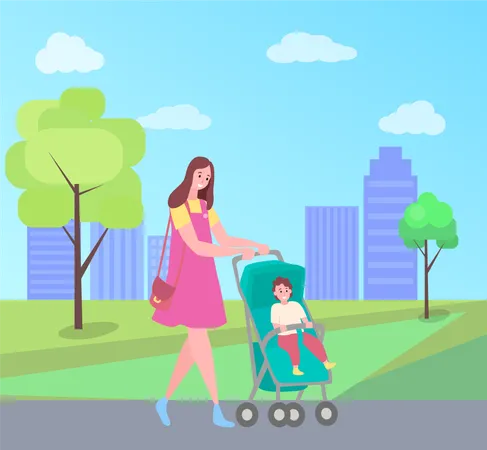 Mãe andando com bebê no carrinho  Ilustração