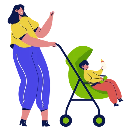 Mãe andando com carrinho de bebê  Ilustração