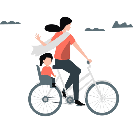 Mãe andando de bicicleta com criança  Ilustração