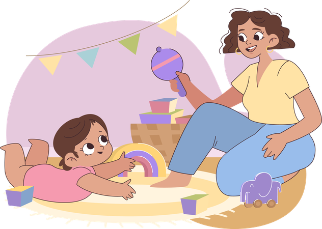 Mãe brincando com filho recém-nascido  Ilustração