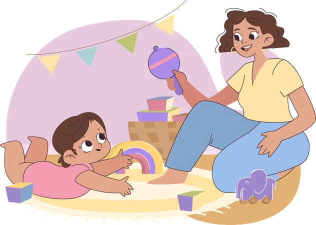 Mãe brincando com filho recém-nascido  Ilustração