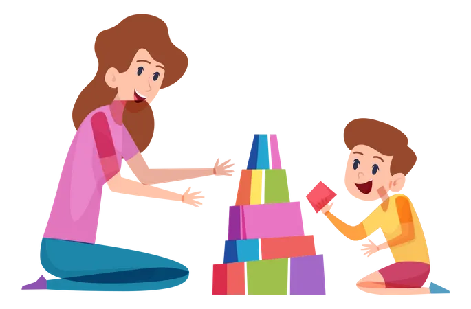 Mãe brincando de brinquedos com filho  Ilustração