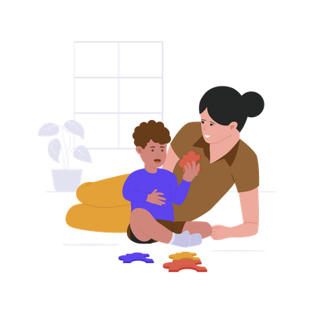 Mãe brincando de brinquedos com filho  Ilustração