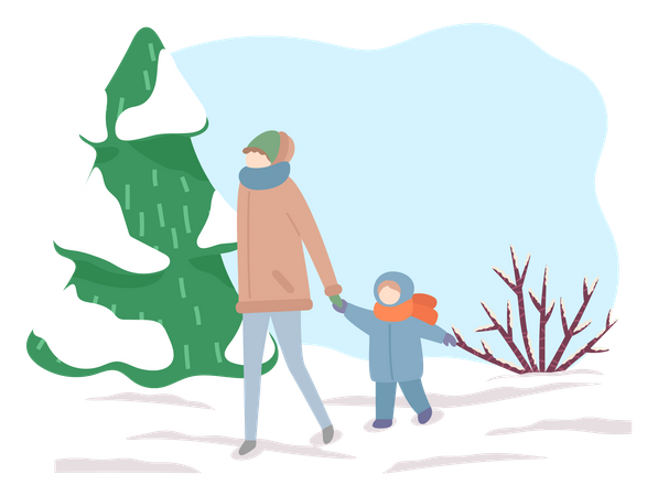 Mãe andando com a filha no inverno  Ilustração